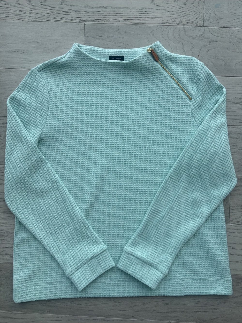 Talbots Zip Detail Funnel Neck Pullover Waffle Light Green Sweater Medium - Picture 3 of 7